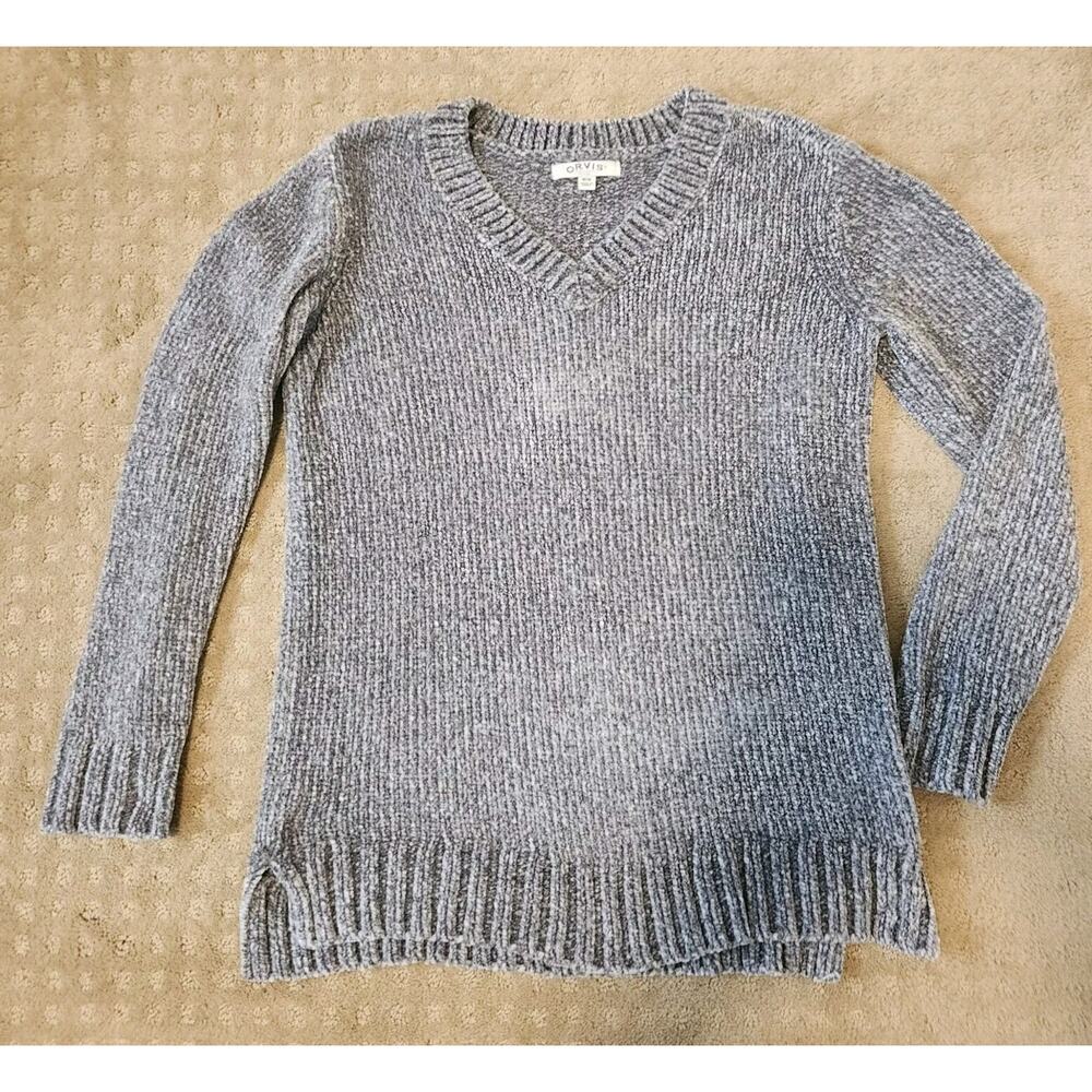 Orvis Womens M Chenille Chunky Sweater Soft V Neck Gray Pullover Tunic Warm Cozy